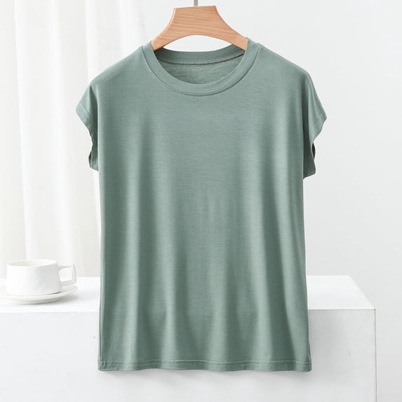 Fengqque Women's Cap Sleeve Crew Neck T-shirt Solid Regular Fit Casual Breathable T Shirt for Women Green 8(L)
