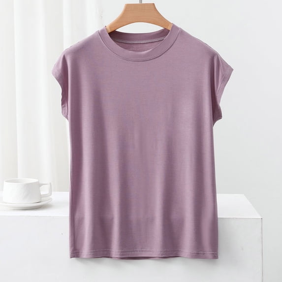 Fengqque Women's Cap Sleeve Crew Neck T-shirt Solid Regular Fit Casual Breathable T Shirt for Women Purple 6(M)