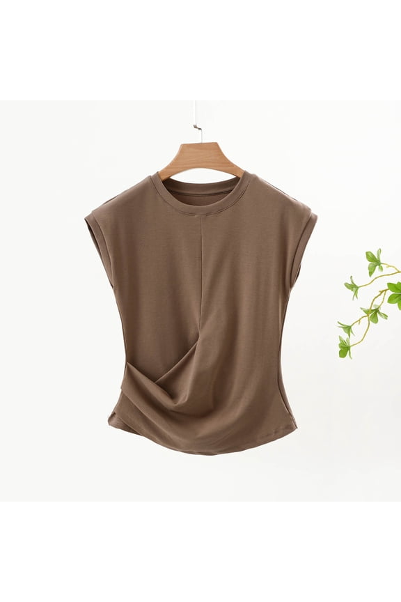 Women's Cap Sleeve Crew Neck Top Twisted Front Slim Fit Casual Everyday Wear T Shirt for Women Khaki M(M)