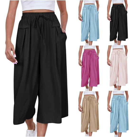 Fengqque Women's Capri Pants Elastic Waist Drawstring Loose Wide Leg Pants Casual Sports Pants with Pockets Pink 10(XL)