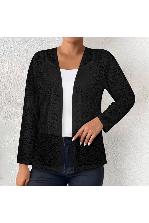 Women's Cardigan Long Sleeve Lightweight Lace Open Front Cardigans Summer Casual Loose Fashion Tops Outifits Black L(L)