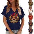 thumbnail image 1 of Fengqque Women's Carnival Printed Fashion Daily Short Sleeve V-neck Casual Waist-cinching Shirt White XL(XL), 1 of 7