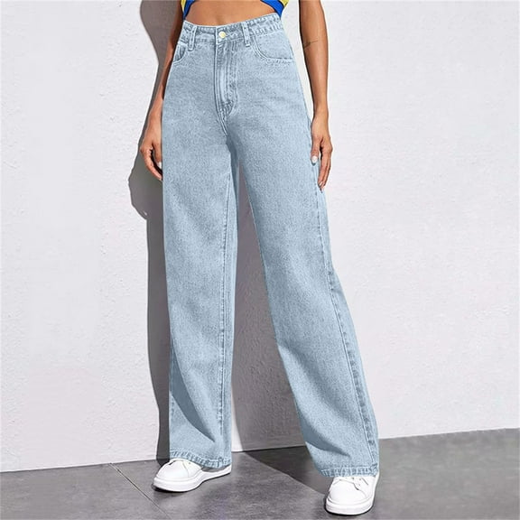 Fengqque Women's Casual Button Elastic Waist Zipper Pocket Loose Wide Leg Pants Denim Pants Light Blue XXXL(XXXL)