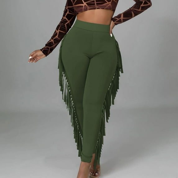 Fengqque Women's Casual High Waist Fringed Pants Elastic Waist - Bodycon Tassels Side Long Jogger Sweatpant Army Green 10(XL)