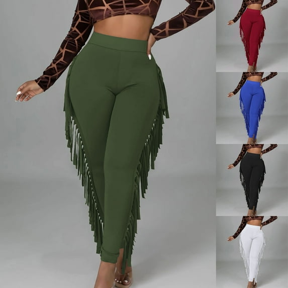 Fengqque Women's Casual High Waist Fringed Pants Elastic Waist - Bodycon Tassels Side Long Jogger Sweatpant White 10(XL)
