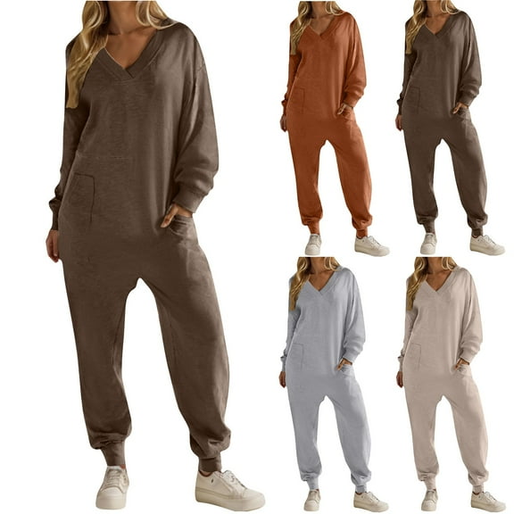 Fengqque Women’s Casual Jumpsuits V-neck One Piece Loose Stretchy Long Sleeve Fall Jumpsuit Wide Leg Long Pants Rompers with Pockets Khaki 10(XL)