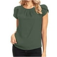 thumbnail image 1 of Fengqque Women's Casual Round Neck Basic Pleated Tops Chiffon Short Sleeve Loose Fit Blouses Tshirts Army Green 8(L), 1 of 7
