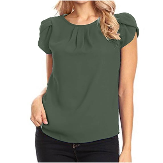 Fengqque Women's Casual Round Neck Basic Pleated Tops Chiffon Short Sleeve Loose Fit Blouses Tshirts Army Green 8(L)