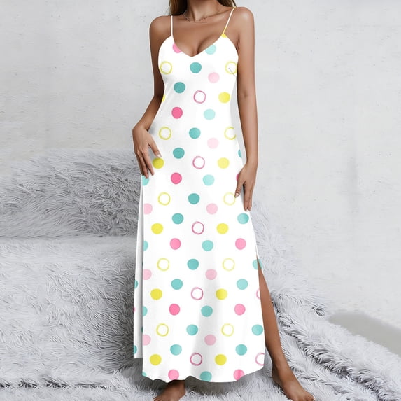 Fengqque Women's Casual Summer Maxi Dresses Sleeveless V-neck Spaghetti Strap Loose Dresses Multicolor L(L)
