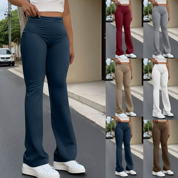 Fengqque Women's Casual and Comfortable High-Waisted Flare Leggings Yoga Pants with Elastic Waistband White 10(XL)