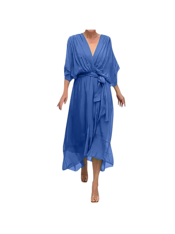 Women's Chiffon Midi Dress V-Neck Dolman Sleeve Belted High-Low Wrap Solid Color Plus Size Midi Dress Blue-A 8(L)