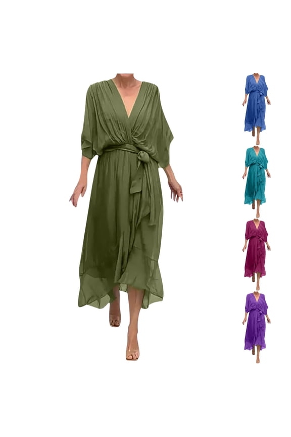 Women's Chiffon Midi Dress V-Neck Dolman Sleeve Belted High-Low Wrap Solid Color Plus Size Midi Dress Sky Blue-A 10(XL)
