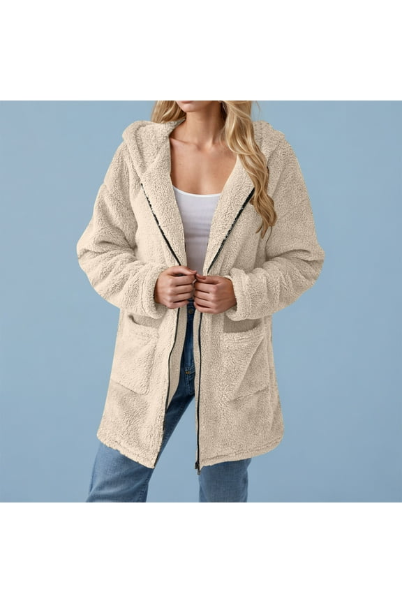Women's Coat Casual Long Sleeved Hooded Lapel Shearling Zipper Coats Warm Winter Oversized Outwear Jackets Beige 12(XXL)