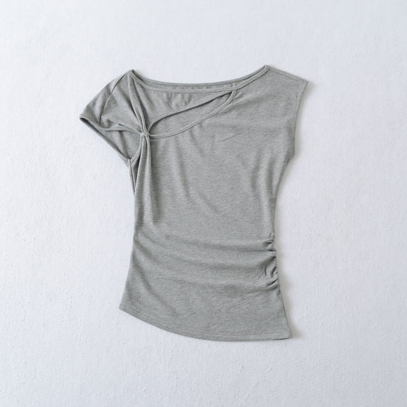 Fengqque Women's Cotton Cap Sleeve T-Shirts Asymmetrical Neck Cutout Side Ruched Slim Fit Soft Stretchy Comfy Top Gray M(M)