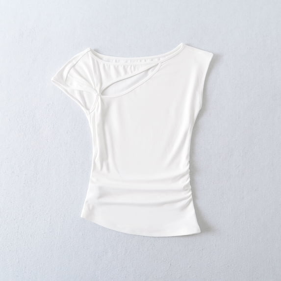 Fengqque Women's Cotton Cap Sleeve T-Shirts Asymmetrical Neck Cutout Side Ruched Slim Fit Soft Stretchy Comfy Top White M(M)