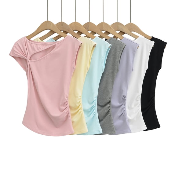 Fengqque Women's Cotton Cap Sleeve T-Shirts Asymmetrical Neck Cutout Side Ruched Slim Fit Soft Stretchy Comfy Top Yellow S(S)