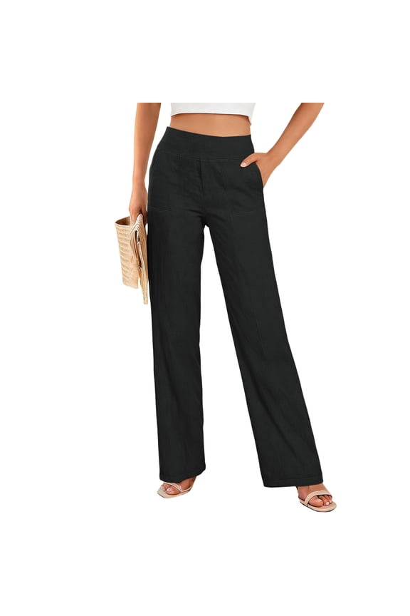 Women's Cotton Linen Pants Loose Straight Leg Elasticity Solid Color Trousers with Pockets Black M(M)