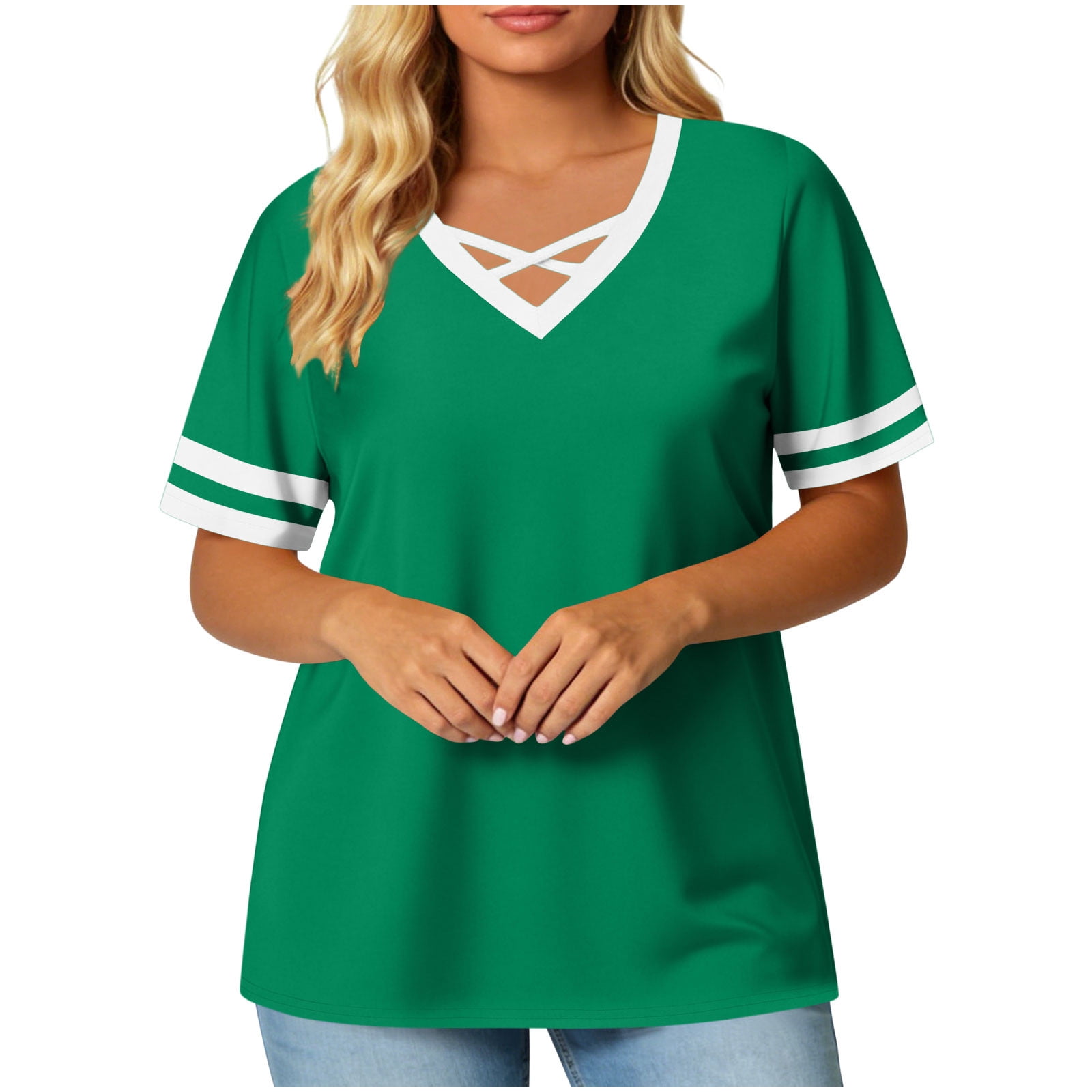 Fengqque Women's Criss Cross V Neck Plus Size T Shirt Short Sleeve ...