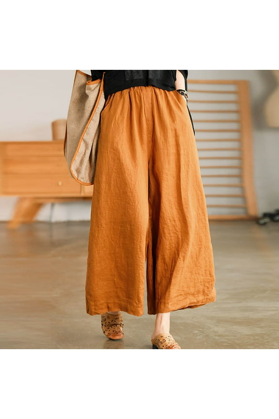 Women's Culottes Cotton and Linen Cropped Wide Leg Pants Elastic Waist Casual Trousers Yellow 6(M)