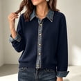 thumbnail image 1 of Fengqque Women’s Denim Collar Button Down Cardigan Sweaters Long Sleeve Cuffed Denim Trim Loose Fit Outerwear Tops Navy Free Size, 1 of 6