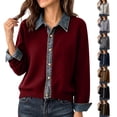 thumbnail image 1 of Fengqque Women’s Denim Collar Button Down Cardigan Sweaters Long Sleeve Cuffed Denim Trim Loose Fit Outerwear Tops Silver Free Size, 1 of 6