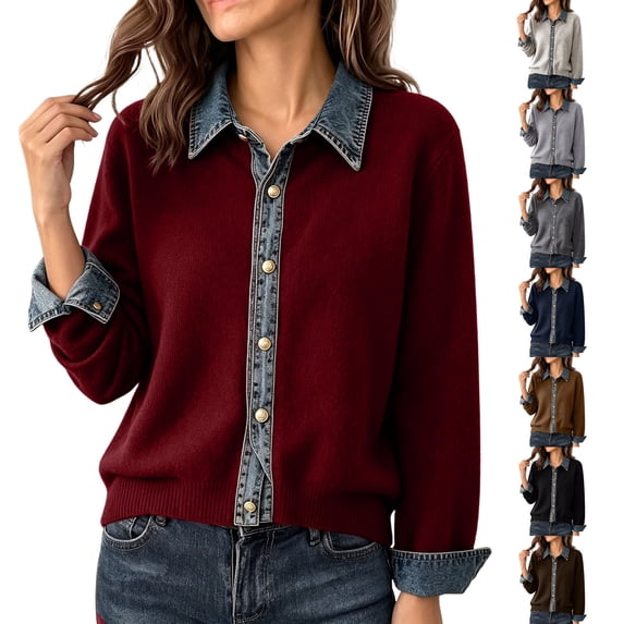 Fengqque Women’s Denim Collar Button Down Cardigan Sweaters Long Sleeve Cuffed Denim Trim Loose Fit Outerwear Tops Silver Free Size