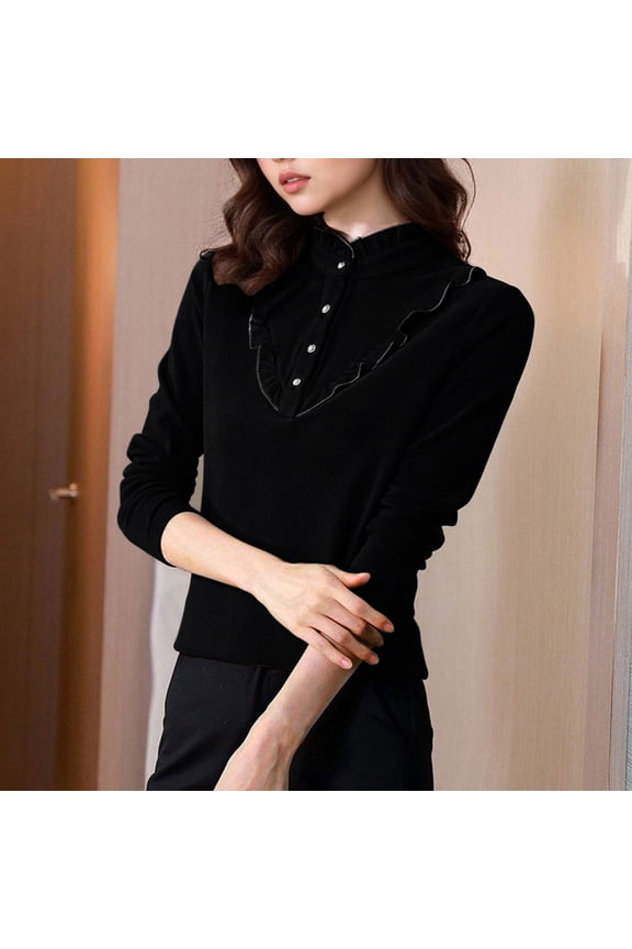 Women's Double-sided German Velvet Long Sleeved Half High Collar Slim Fit Base Shirt Black L(L)