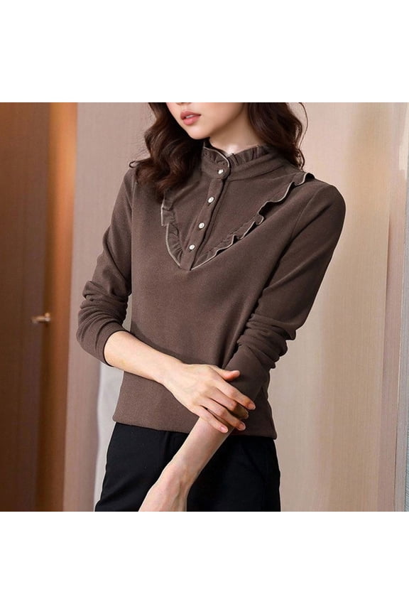 Women's Double-sided German Velvet Long Sleeved Half High Collar Slim Fit Base Shirt Coffee L(L)
