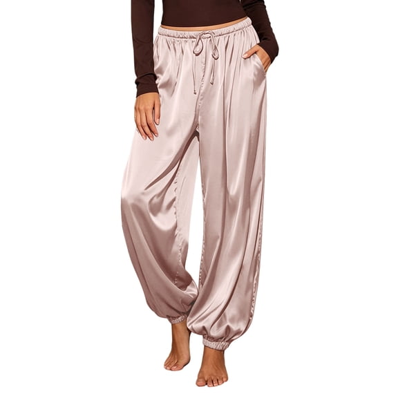 Fengqque Women’s Drawstring Baggy Jogger Satin Balloon Pants Loose Shiny Silky Elastic Cuff Casual Trousers with Pockets