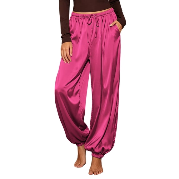 Fengqque Women’s Drawstring Baggy Jogger Satin Balloon Pants Loose Shiny Silky Elastic Cuff Casual Trousers with Pockets