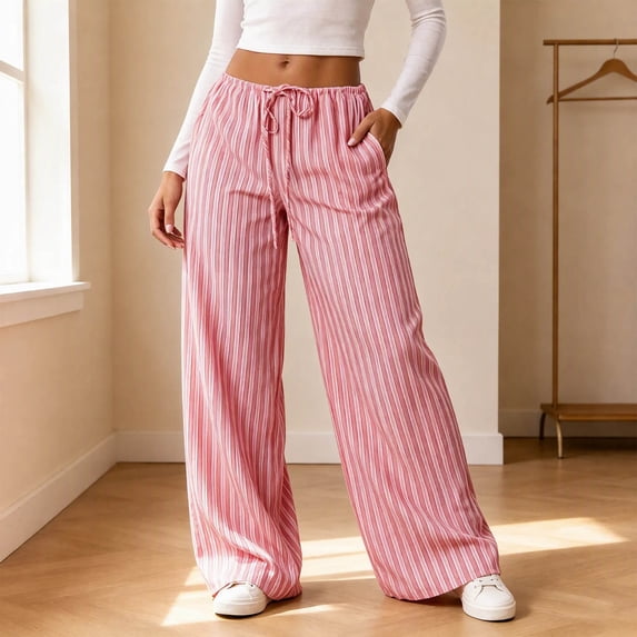 Fengqque Women's Drawstring Striped Wide Leg Pants Breathable Loose Fit Casual Trousers Elastic Waist Flowy Printed Pants with Side Pockets
