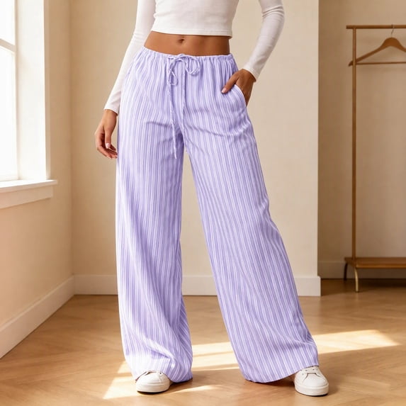 Fengqque Women's Drawstring Striped Wide Leg Pants Breathable Loose Fit Casual Trousers Elastic Waist Flowy Printed Pants with Side Pockets