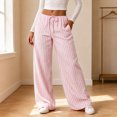 thumbnail image 1 of Fengqque Women's Drawstring Striped Wide Leg Pants Breathable Loose Fit Casual Trousers Elastic Waist Flowy Printed Pants with Side Pockets, 1 of 4