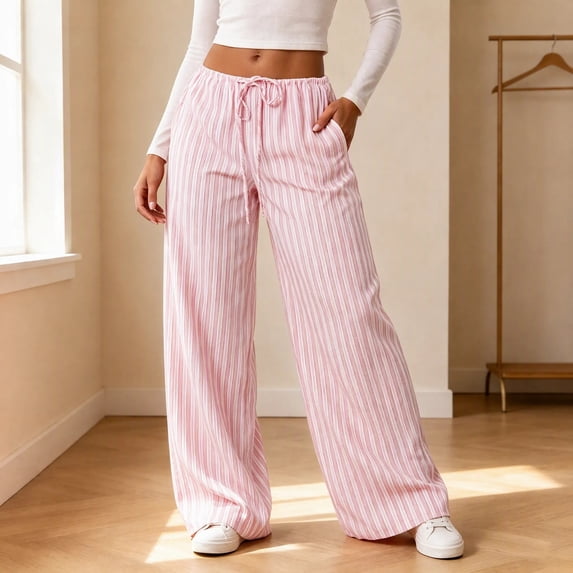 Fengqque Women's Drawstring Striped Wide Leg Pants Breathable Loose Fit Casual Trousers Elastic Waist Flowy Printed Pants with Side Pockets