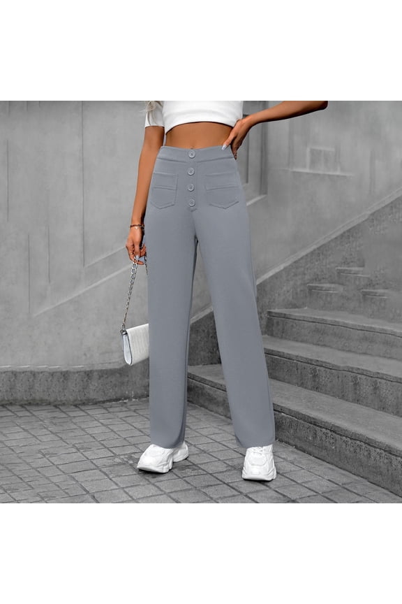 Women's Elastic High Waisted Button Wide Leg Straight Leg Pants office Casual Trousers with Pockets Gray S(S)