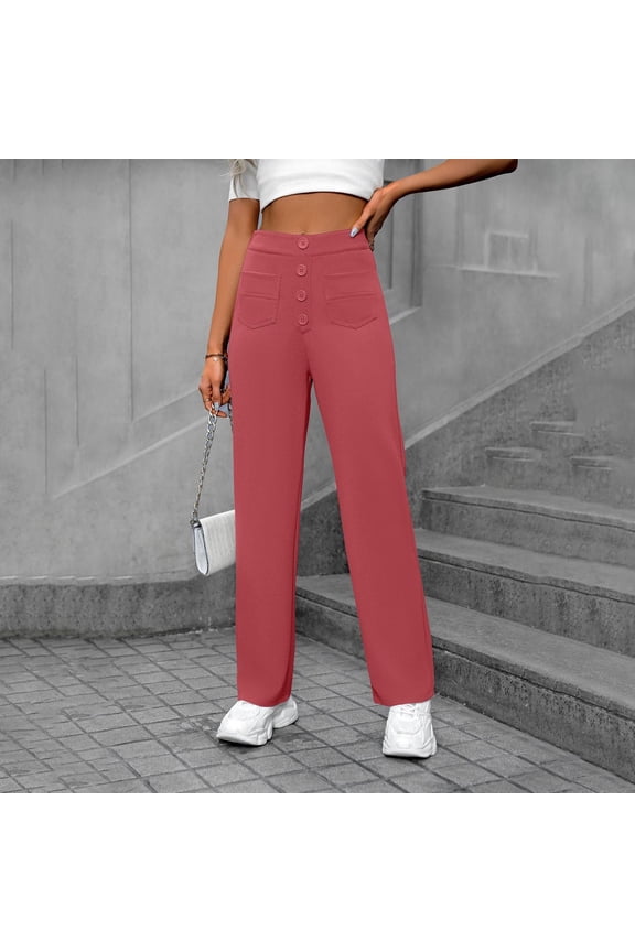 Women's Elastic High Waisted Button Wide Leg Straight Leg Pants office Casual Trousers with Pockets Red S(S)