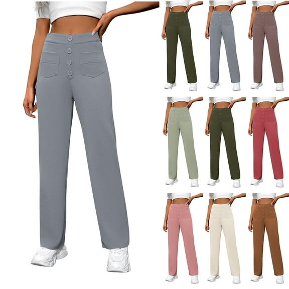 Fengqque Women's Elastic High Waisted Button Wide Leg Straight Leg Pants office Casual Trousers with Pockets Red XL(XL)
