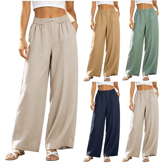 Fengqque Women's Elastic Pull On High Waist Wide Leg Pants Front Pleated Loose Full Length Trousers with Pockets Navy XL
