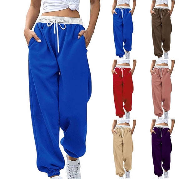 Fengqque Women's Elastic Waist Drawstring Color-blocked Loose Tapered Pants with Pockets Purple-A 10(XL)