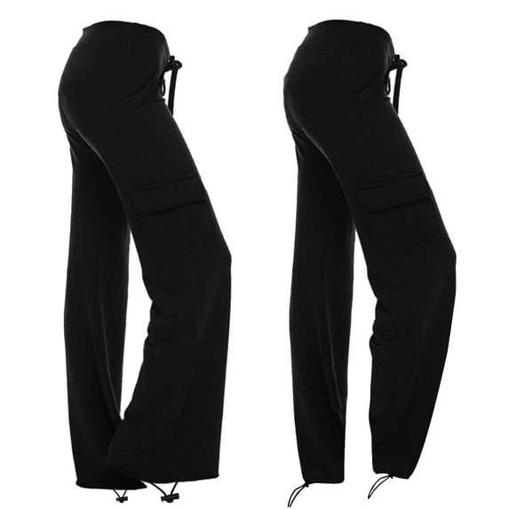 Fengqque Women's Elastic Waist Drawstring Pocket Cargo Pants Loose Wide Leg Pants with Drawstring Cuffs Black 6(M)