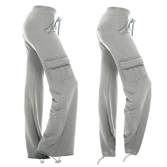 Fengqque Women's Elastic Waist Drawstring Pocket Cargo Pants Loose Wide Leg Pants with Drawstring Cuffs Gray 4(S)