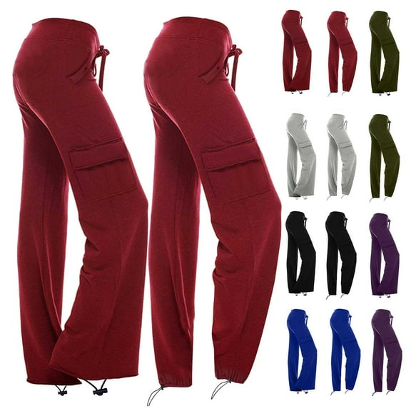 Fengqque Women's Elastic Waist Drawstring Pocket Cargo Pants Loose Wide Leg Pants with Drawstring Cuffs Red 10(XL)