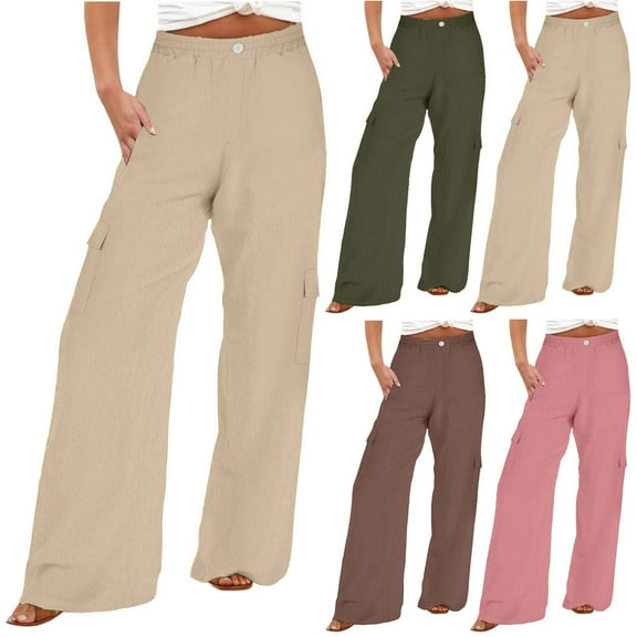 Fengqque Women's Elastic Waist Loose Wide Leg Cargo Pants Wide-leg Pants High Waisted Straight Leg Pants Pink-E 10(XL)