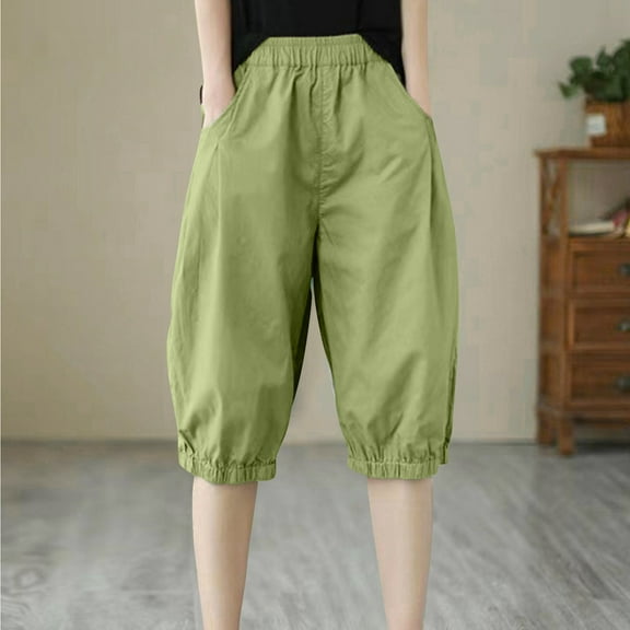Fengqque Women's Elastic Waist Loose Wide Legs Harem Pants Seven Quarter Pants with Pockets Green 6(M)