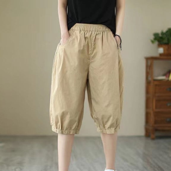 Fengqque Women's Elastic Waist Loose Wide Legs Harem Pants Seven Quarter Pants with Pockets Khaki 6(M)