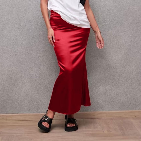 Fengqque Women's Elegant Satin Skirts High Waisted Flared Casual Work office Fishtail Midi Skirt Red M(M)
