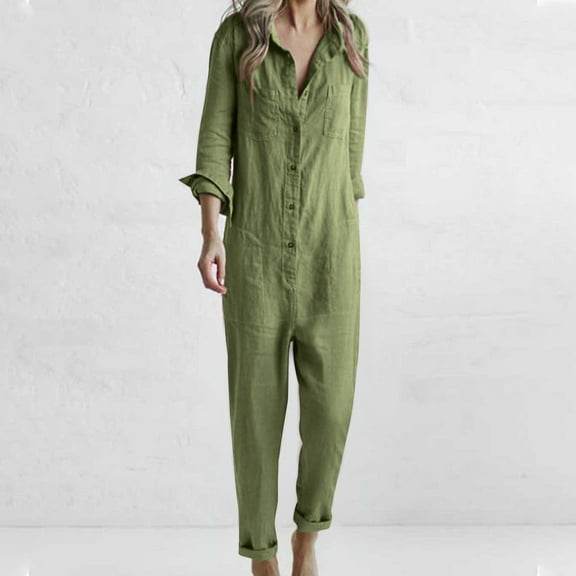 Fengqque Women's Fall Jumpsuits Dressy Casual Pants Romper Spring Long Sleeve One Piece Outfits Green 12(XXL)