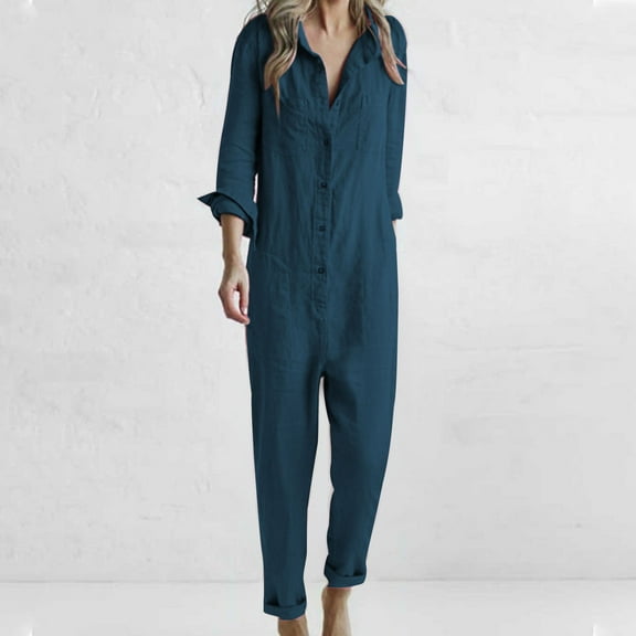 Fengqque Women's Fall Jumpsuits Dressy Casual Pants Romper Spring Long Sleeve One Piece Outfits Navy 4(S)