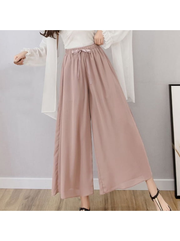 Women's Fashion Casual Chiffon Dress Beach Wide Leg Palazzo Pants Elastic Waist Drawstring Trouser Pink 8(L)