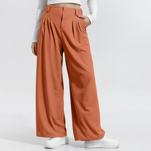 Fengqque Women's Fashion Casual Elastic Waist Loose High Waist Wide Leg Pants Casual Business Pants Orange XS(XS)